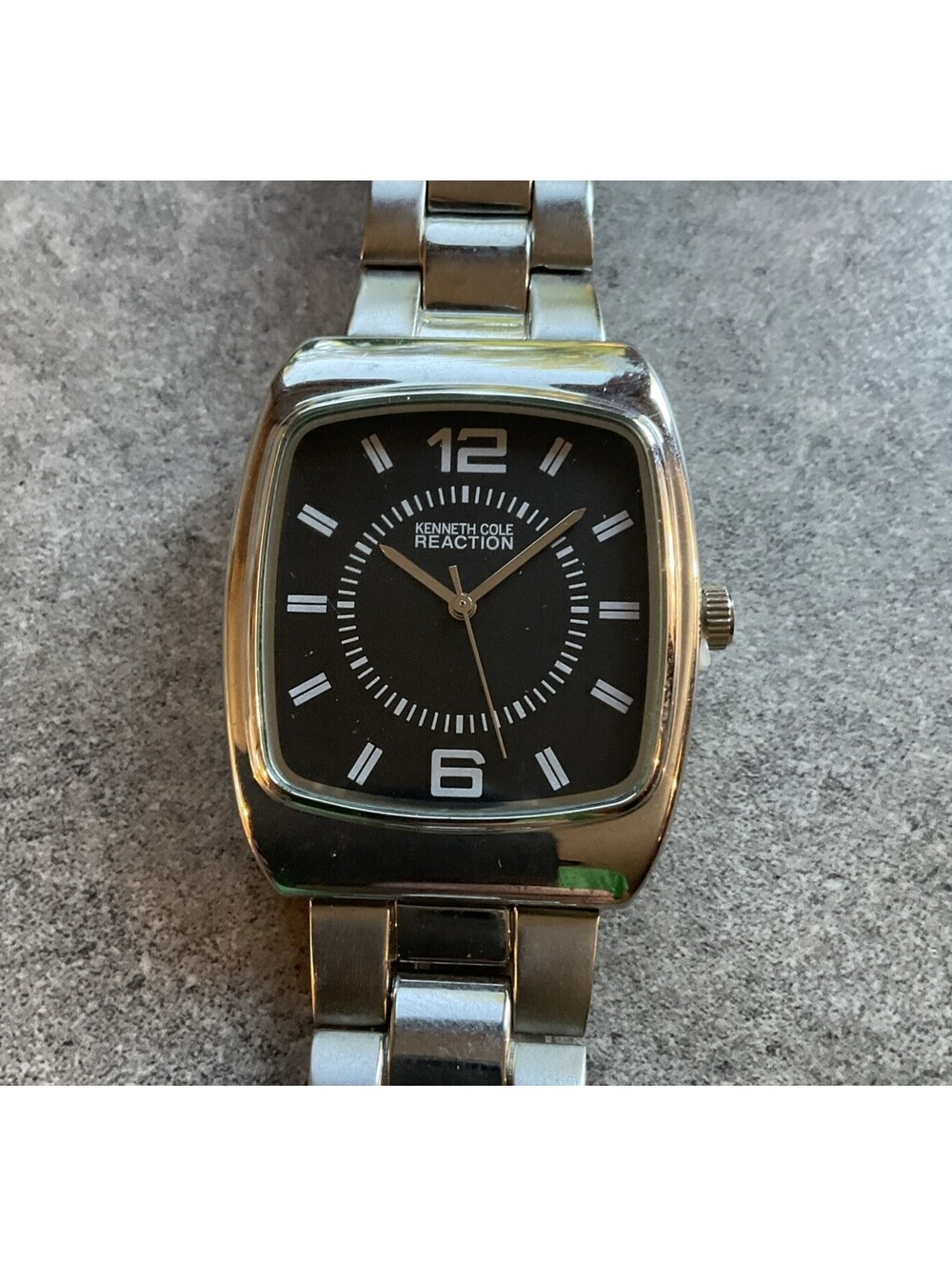 Kenneth Cole Reaction Men's Tank Style Watch 36mm Silver Tone Case Black Dial ~E